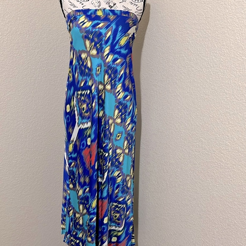 2 in 1 Peacock Strapless Vibrant Blue Patterned Maxi Sundress Resort Wear Skirt